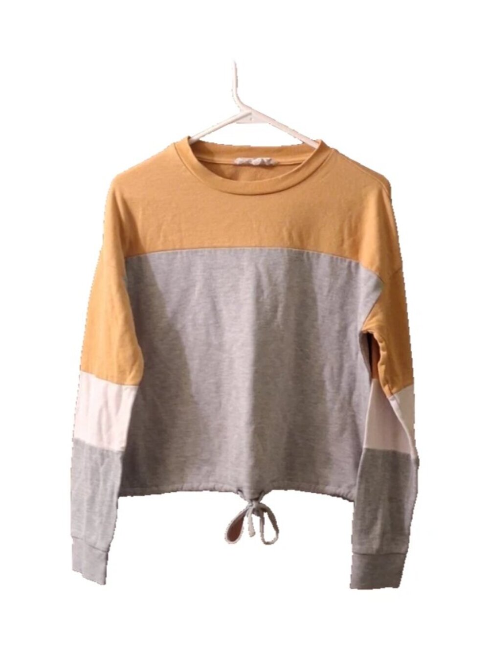Women's Size Small Yellow Gray Drawstring Long Sleeve Cropped Stretch Sweatshirt